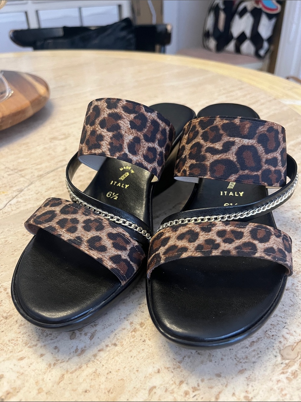 Italina Leopard Print Slide Sandals with Chain Accent - Black and Brown